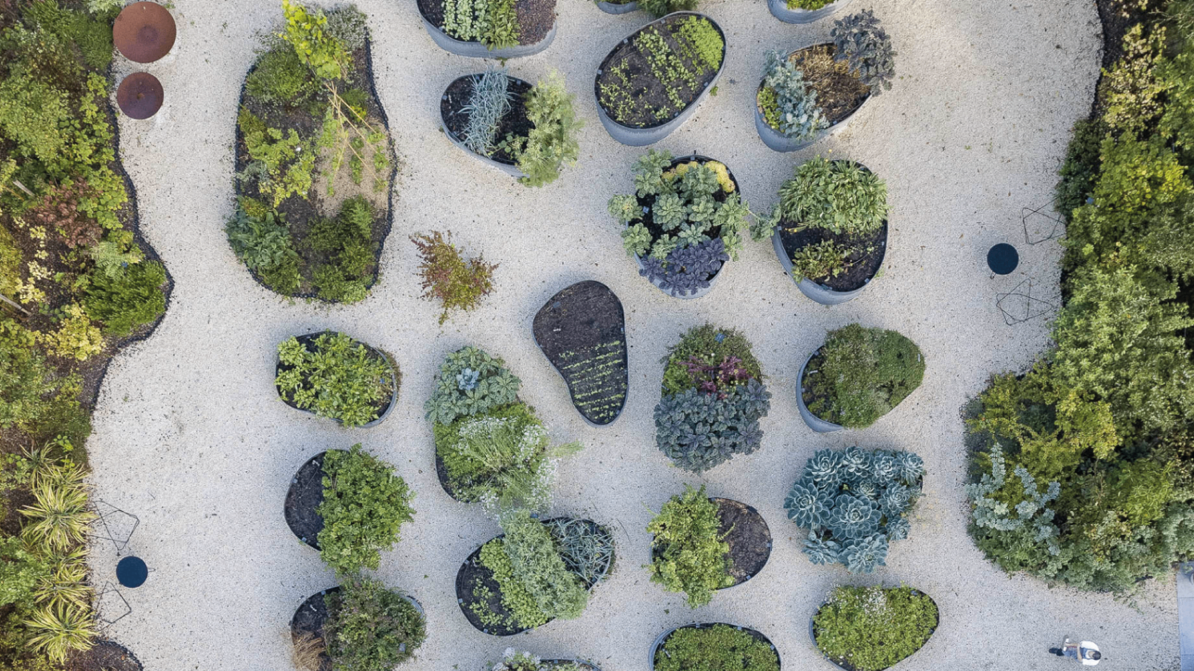 Aerial view of the Cōrtia organic garden — sculptural planted beds in gravel